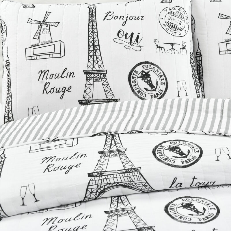Paris Bonjour Reversible Cotton Quilt Black/White 3Pc Set King