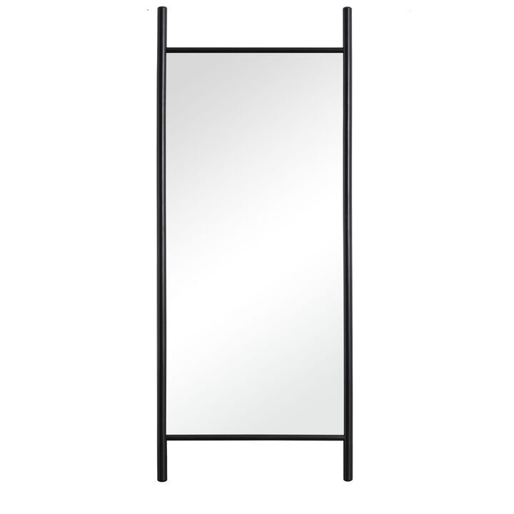 HomeRoots 71" Black Solid Wood Ladder Leaning Framed Full Length Mirror