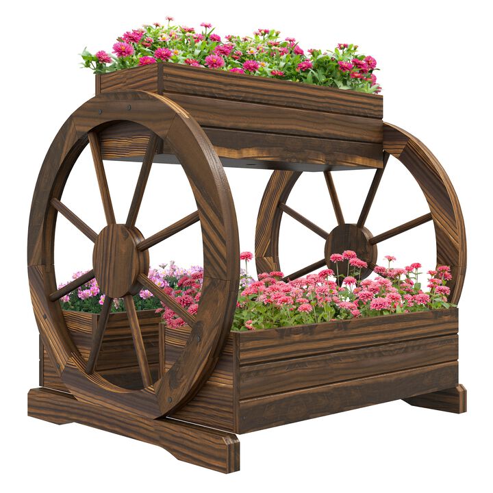 Outsunny 2-Tier Raised Garden Bed, Wooden Wagon Planter Boxes with Drainage Holes, for Vegetables Flowers Herbs, 25" x 21" x 24"