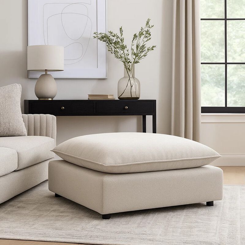 37 Inch Modular Ottoman, Feather Down and Cotton Fill Seat, Beige Boucle image number 6