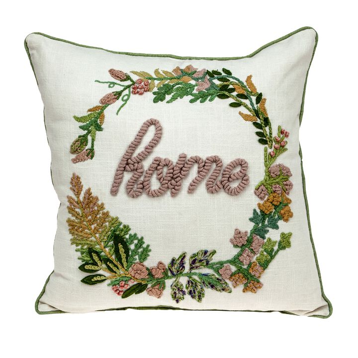 18" Beige and Pink Embroidered Square Throw Pillow