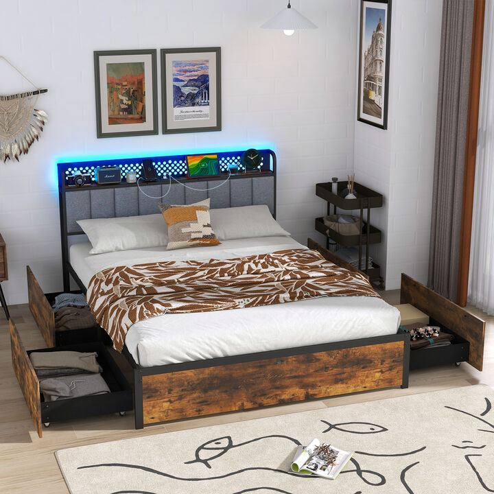 Bed Frame with LED Lights  Upholstered Headboard and 4 Storage Drawers