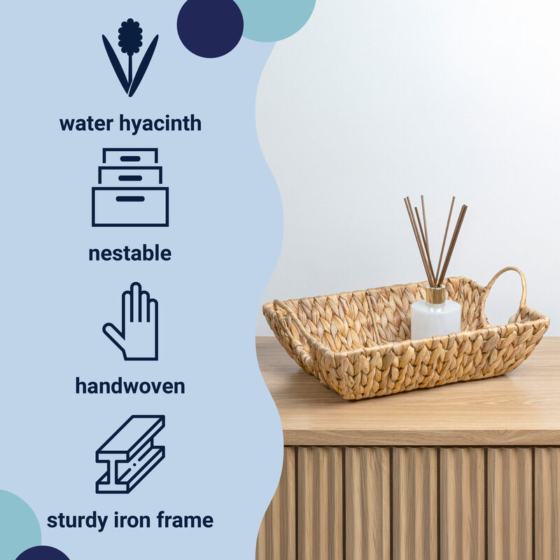 Rowan Bohemian Cottage Handwoven Hyacinth Rectangular Decorative Basket Trays with Handles