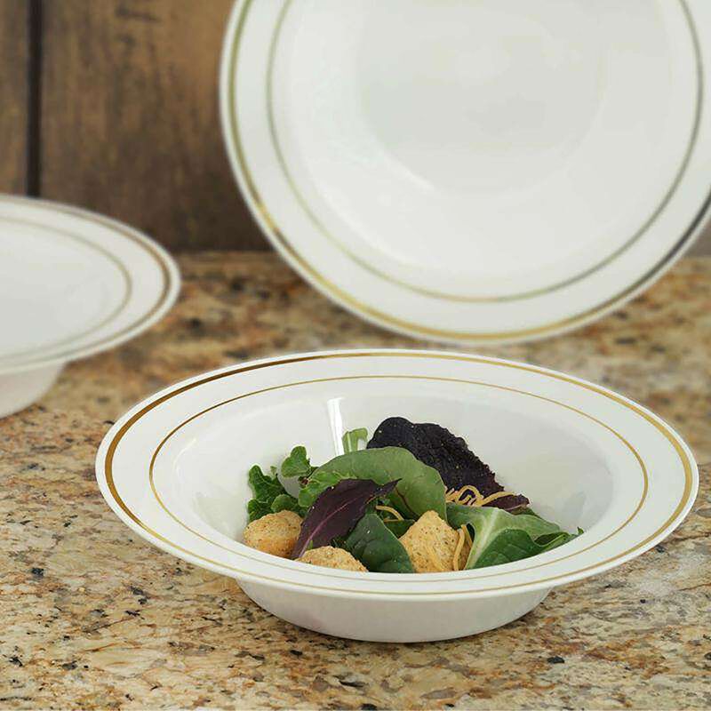 12 oz. White with Gold Edge Rim Plastic Soup Bowls (120 Bowls) image number 9