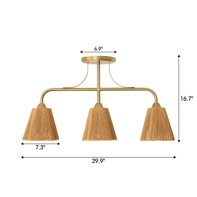 29.9" 3-Light Vintage Plated Brass LED Flush Mount Ceiling Light with Hemp Paper Rope Shade