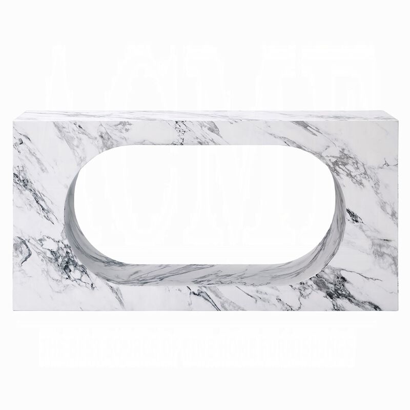 Ritzy Console Table, White Marble Faux Stone, Modern Design, 59 Inch