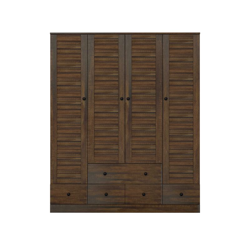 FUFU&GAGA Brown Woodgrain PB Board Wardrobe with 4 Shutter Doors & 5 Drawers, Black Wooden Handles, Modern Storage Cabinet (59.1 in. W x 19.1 in. D x 70.5 in. H)