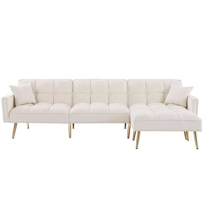 Cream White Velvet Upholstered Sectional Sofa Bed, L-Shaped Couch with Movable Ottoman