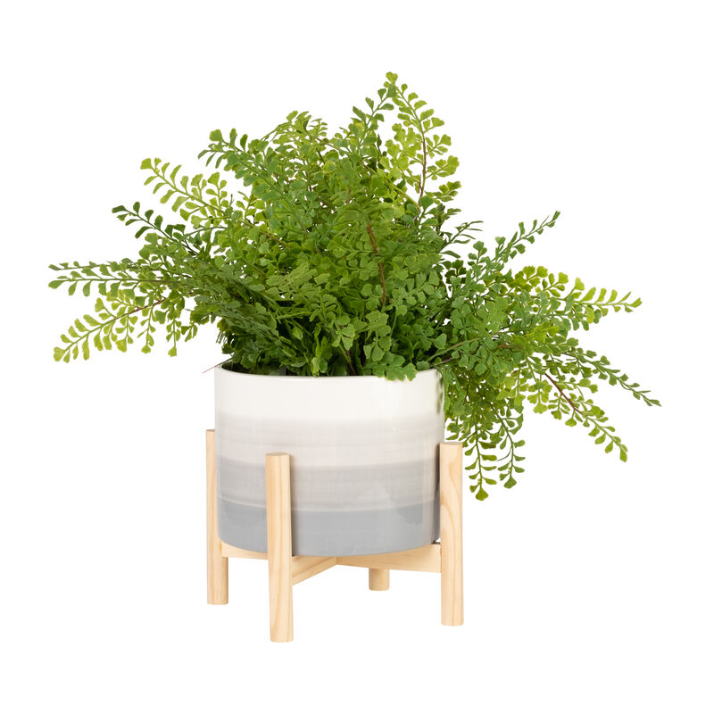 8" Ceramic Planter with Wood Stand, Beige Mix