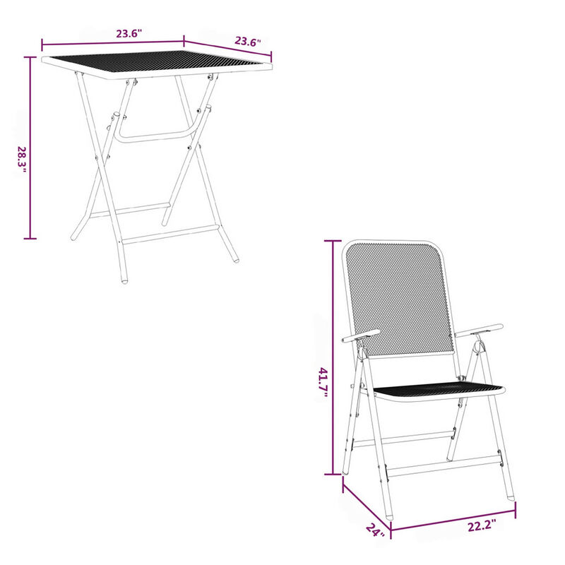 Zofi 3pc Outdoor Breakfast Table and Chairs Set, Folding, Dark Gray - Benzara