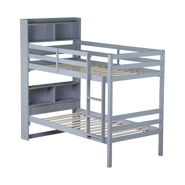 Whisen Twin Over Twin Bunk Bed with Built-in Bookcase Headboard, Safety Guardrails, and Detachable Ladder, Convertible to Two Individual Twin Beds