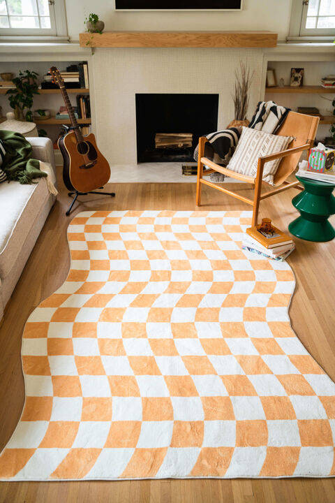 Lany Space Area Rug, Washable Non-Slip Rug, Yellow Wavy Checkered Rug for Living Room