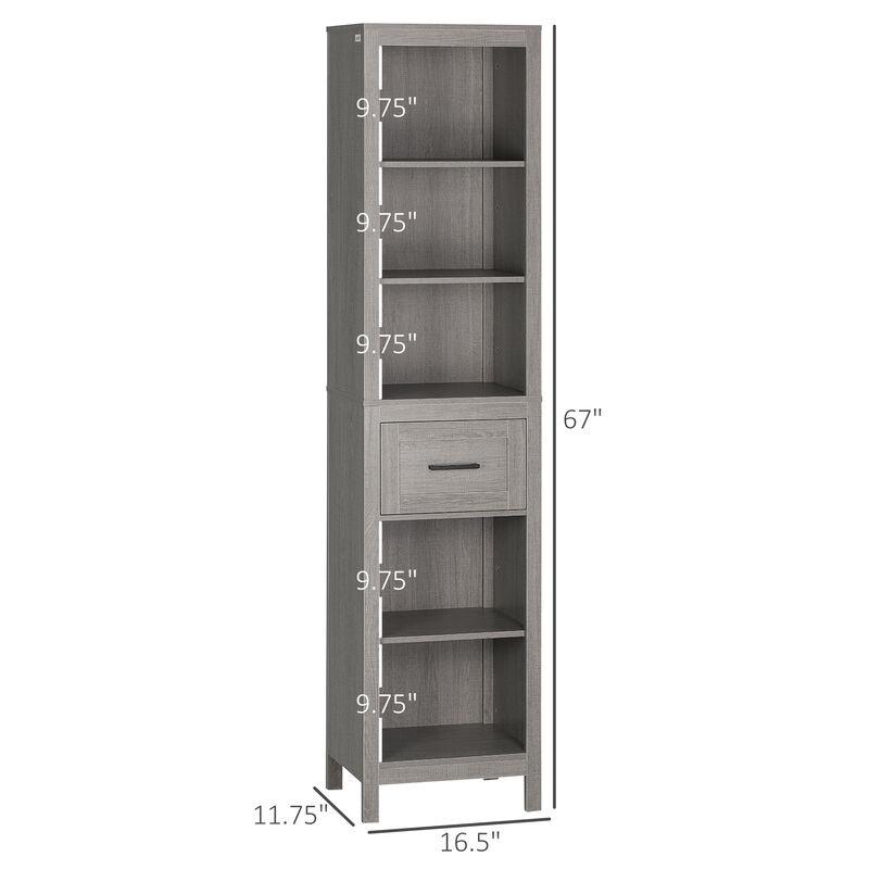 Tall Bathroom Storage Cabinet, Slim Freestanding Linen Tower w/ Drawer, Grey