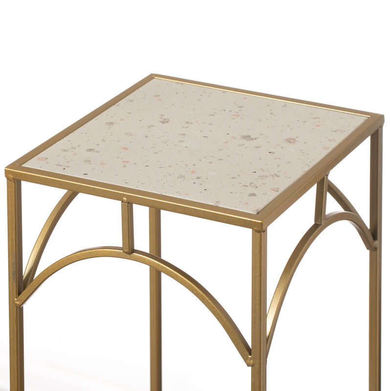 Decorative Gold Metal Square Plant Stand, Modern White Marble Look Top Display End Side Table, Set of 3