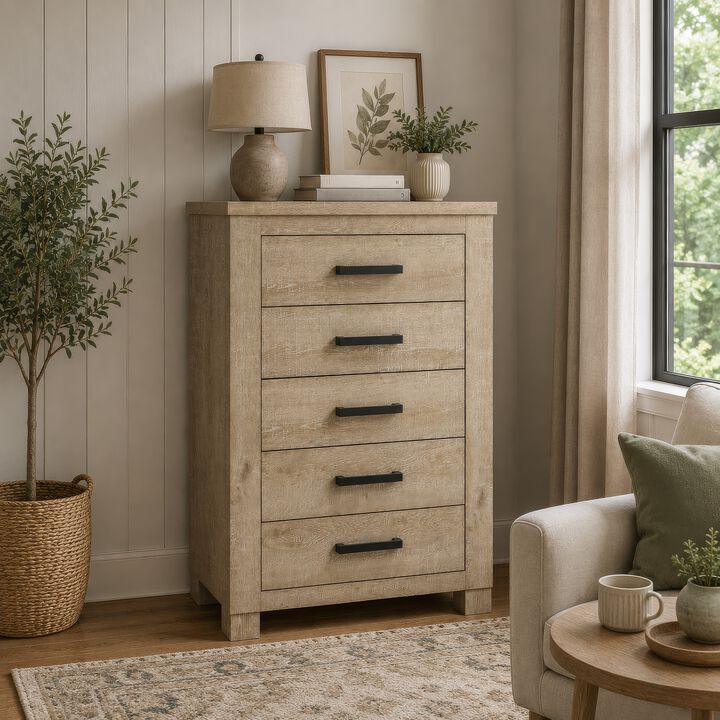 Tyna Tall Dresser Chest with 5 Drawers, Bronze Metal, Weathered Oak Beige