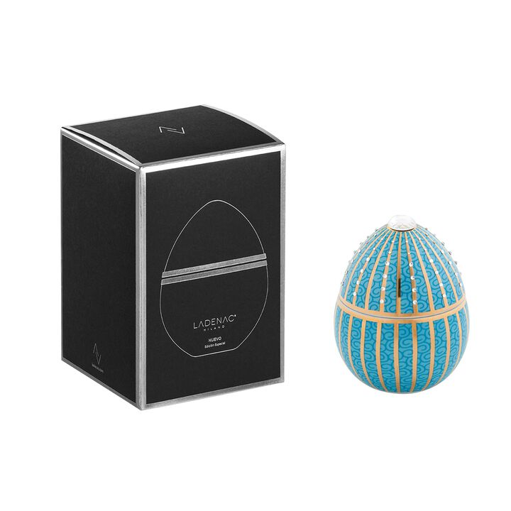 Candle in Ceramic Egg BOIS DE ROUSSIE 7 oz Light Blue Gold Stripes with CrystalsS 5.12 diam. x 6.5 in