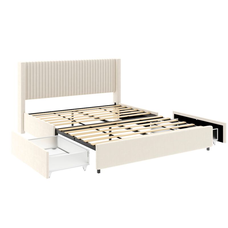 Nia Queen Bed, 2 Storage Drawers, Wingback Tufted Ivory Velvet Headboard image number 3