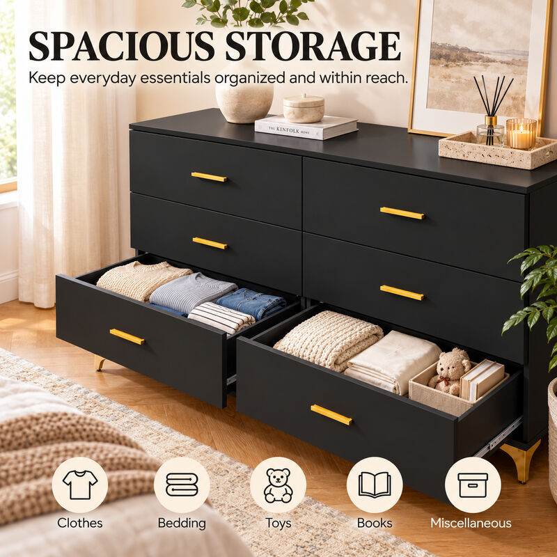 47" Black 6 Drawer Dresser with Gold Handles & Legs, Modern Glam Storage Cabinet image number 7