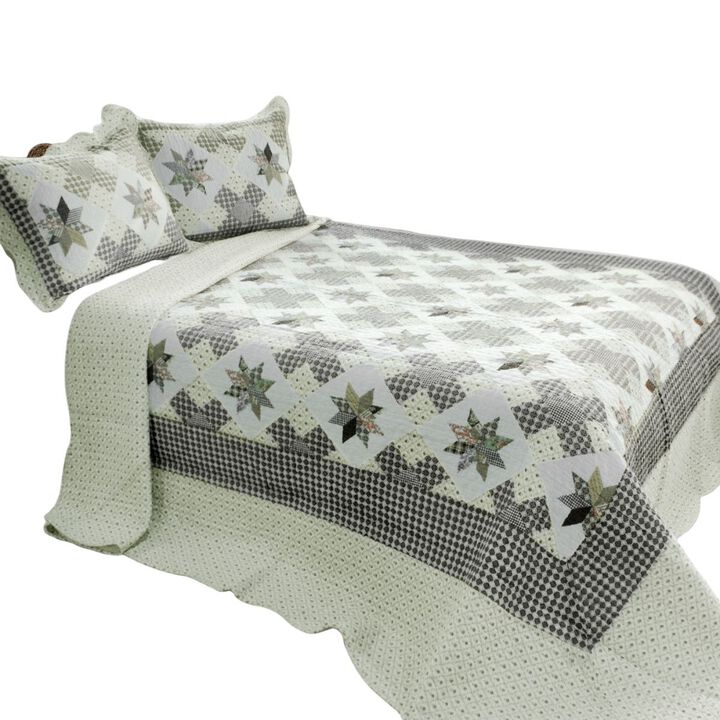 Queen Size 3-Piece Cotton Vermicelli Quilted Printed Quilt Set with Shams