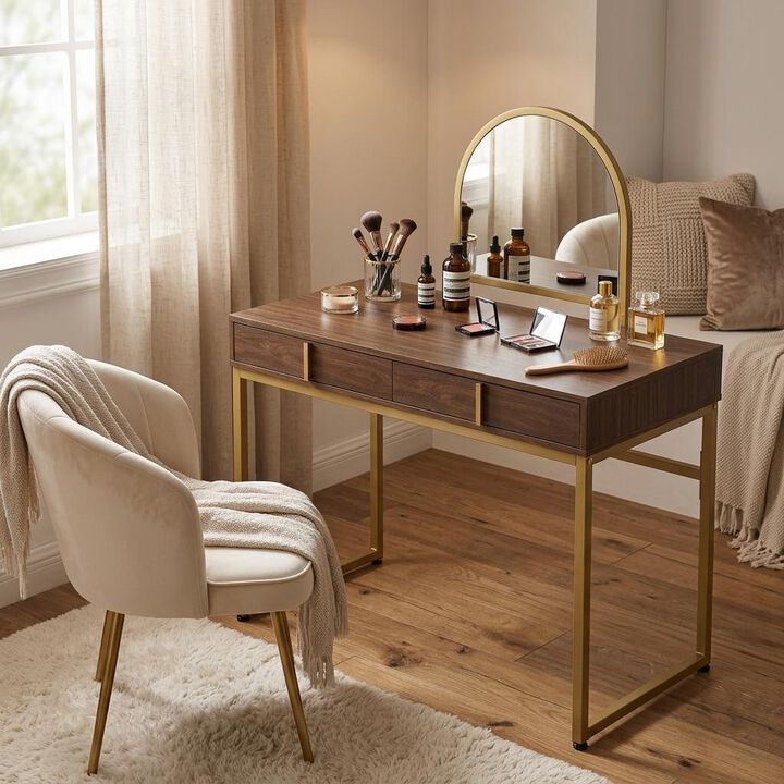 HomeRoots 42" Gold Mirrored Vanity Table with Mirror With Two Drawers
