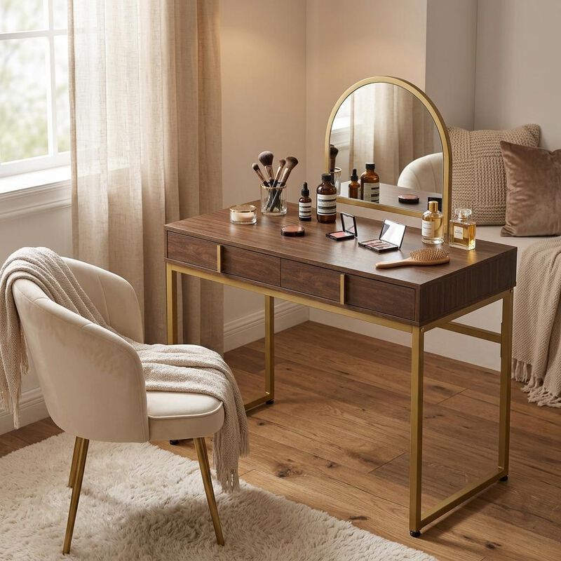 HomeRoots 42" Gold Mirrored Vanity Table with Mirror With Two Drawers image number 1