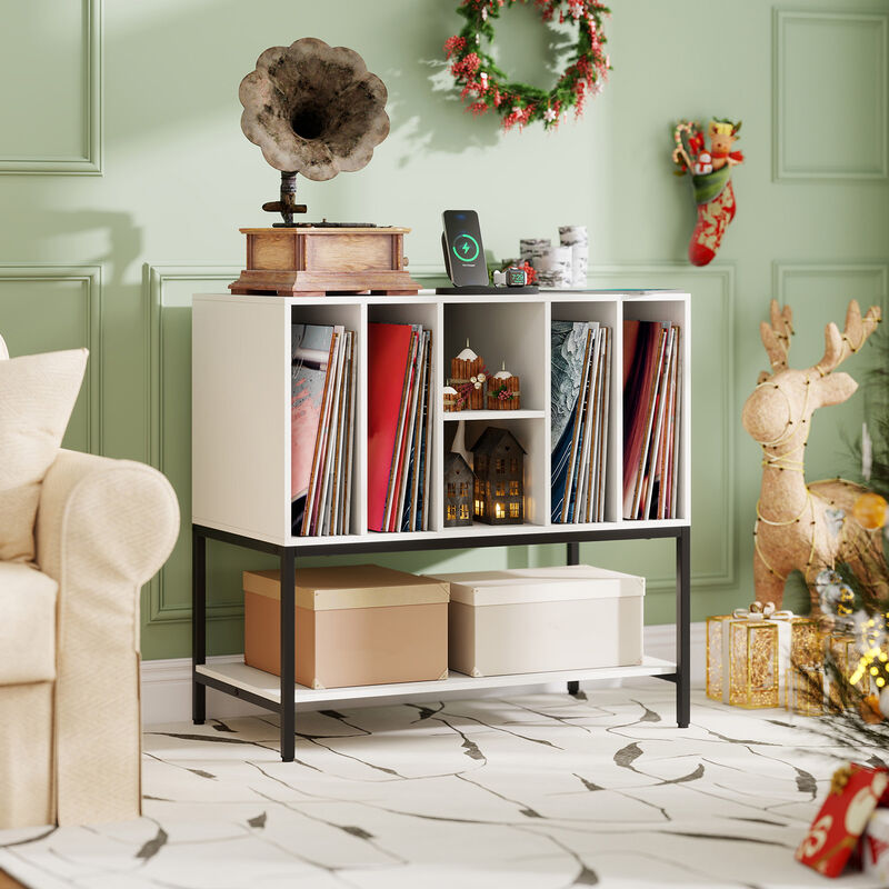Metal Frame Record Player Stand with Built-In Charging Station image number 1