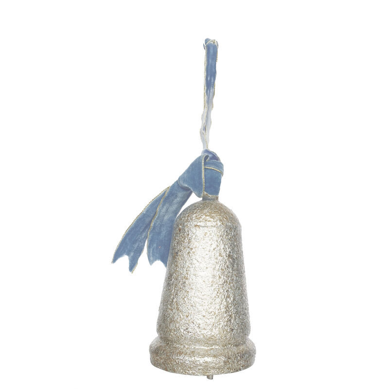 Antique Silver Iron Bell Ornament with Blue Velvet Ribbon image number 0