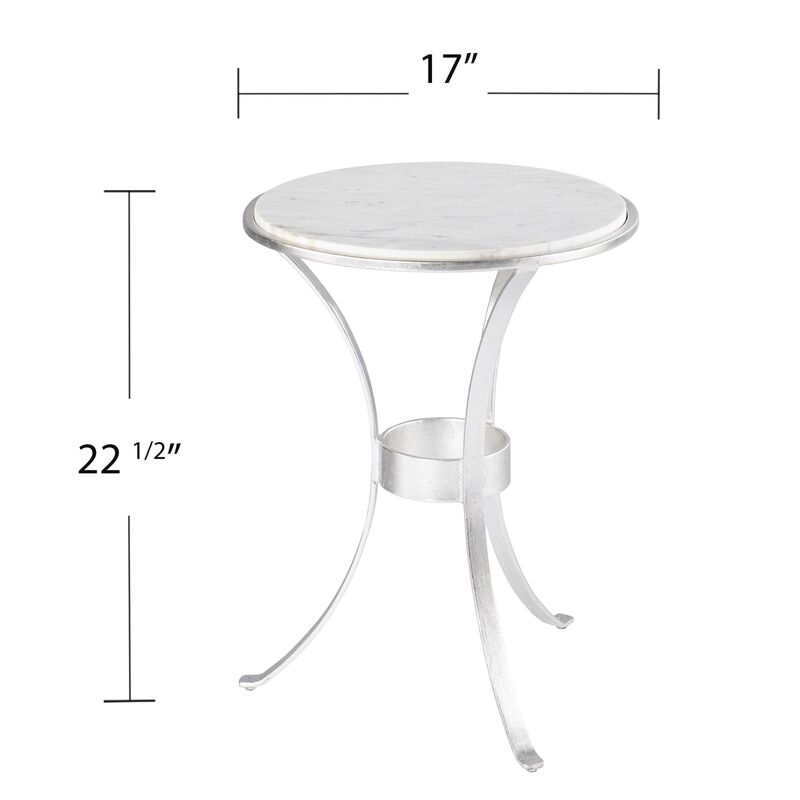 Homezia 23" Silver And White Marble Curvy Leg Round End Table