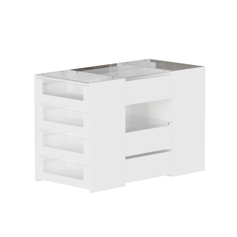 FUFU&GAGA White 14-Drawer Kitchen Island with Wooden Shelf, P2 MDF Construction, and Tempered Glass, (47.2"W x 23.6"D x 31.5"H), White