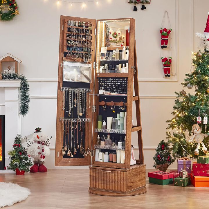 360&deg; Swivel Jewelry Cabinet with Full-Length Mirror, Lockable Storage, LED Lights and Rear Shelves