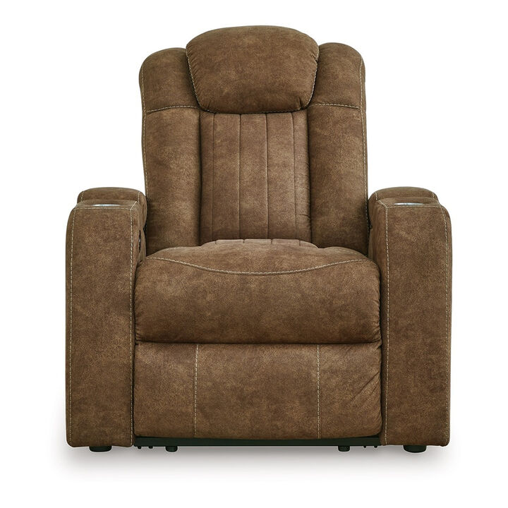 Alexy Power Recliner Chair, Cupholder, USB Port, Brown Faux Leather - Benzara