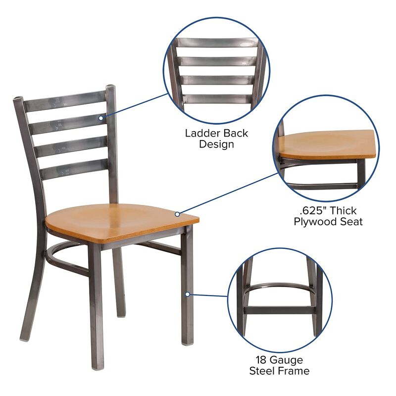 Flash Furniture HERCULES Series Clear Coated Ladder Back Metal Restaurant Chair - Natural Wood Seat