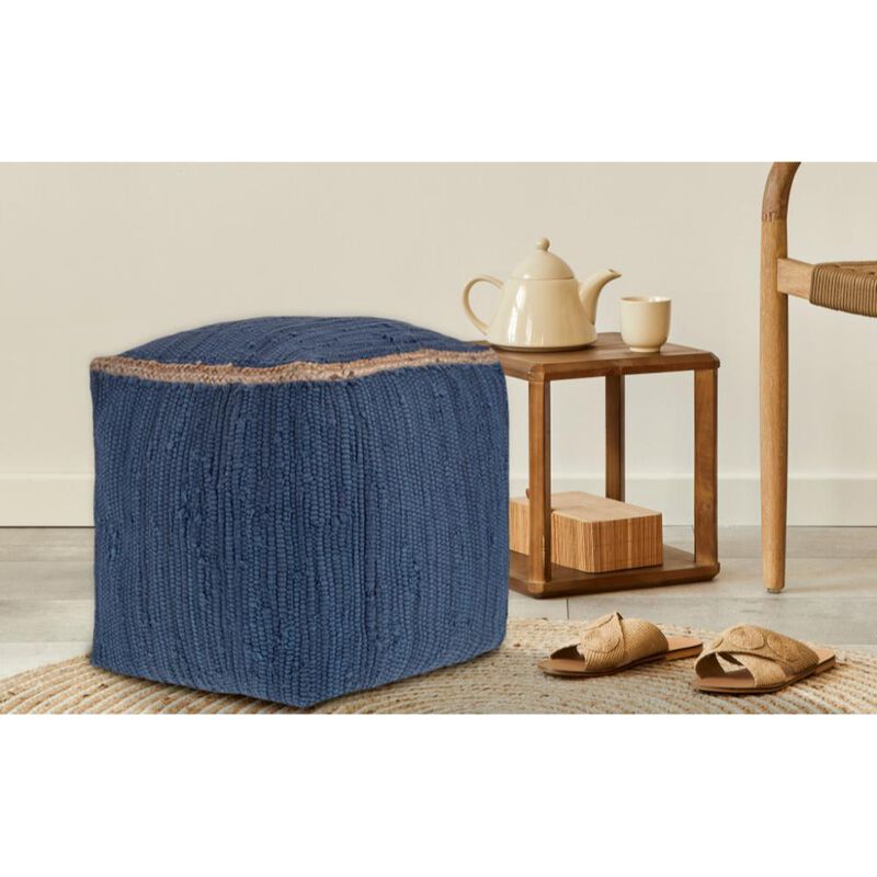 Hivvago 18 Inch Indigo Cotton And Jute Cube Pouf Ottoman