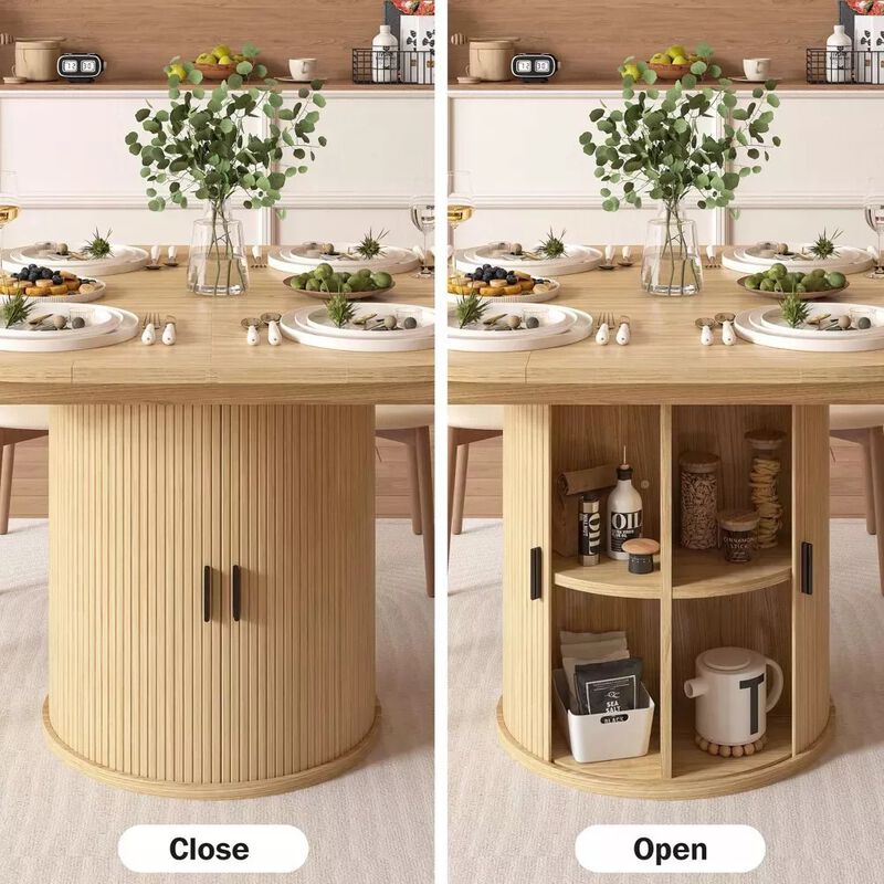 63" Extendable Round Kitchen Dining Room Table with 2-Tier Storage Shelf, with Pedestal Base