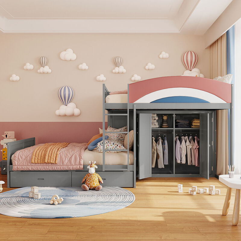 Merax Full Size Offset Bunk Bed with Wardrobe, Drawers & Upholstered Guardrail image number 1