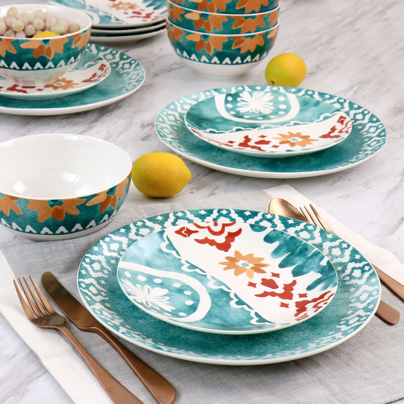 Spice by Tia Mowry Savory Saffron 18 Piece  Fine Ceramic Dinnerware Set in Decorated Teal