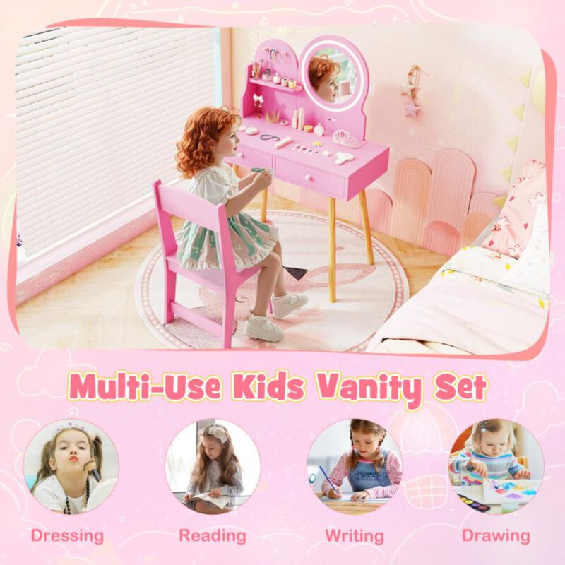 Hivvago Kids Princess Makeup Dressing Desk and Chair Set with Mirror and Lights