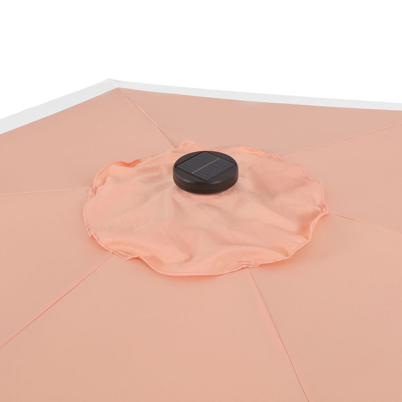 Spencer Classic Coastal 2-Tone Solar LED Market Patio Umbrella with 12 LED Strip Lights, Auto-Tilt, Crank and UV Protection