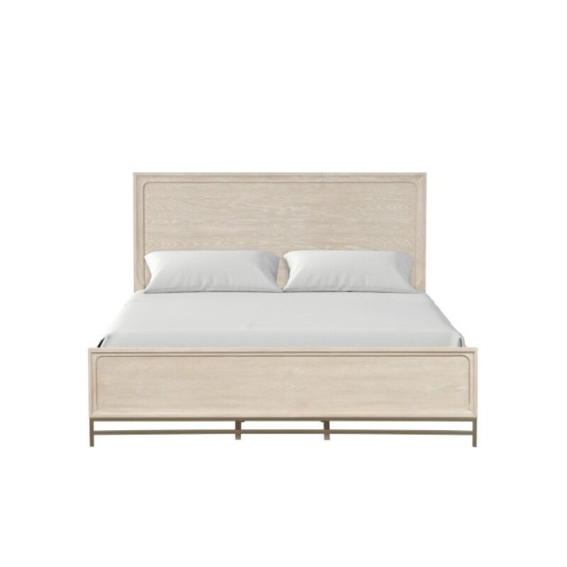 Rozie King Bed with Panel Style Headboard, Metal Legs, Light Oak Wood - Benzara