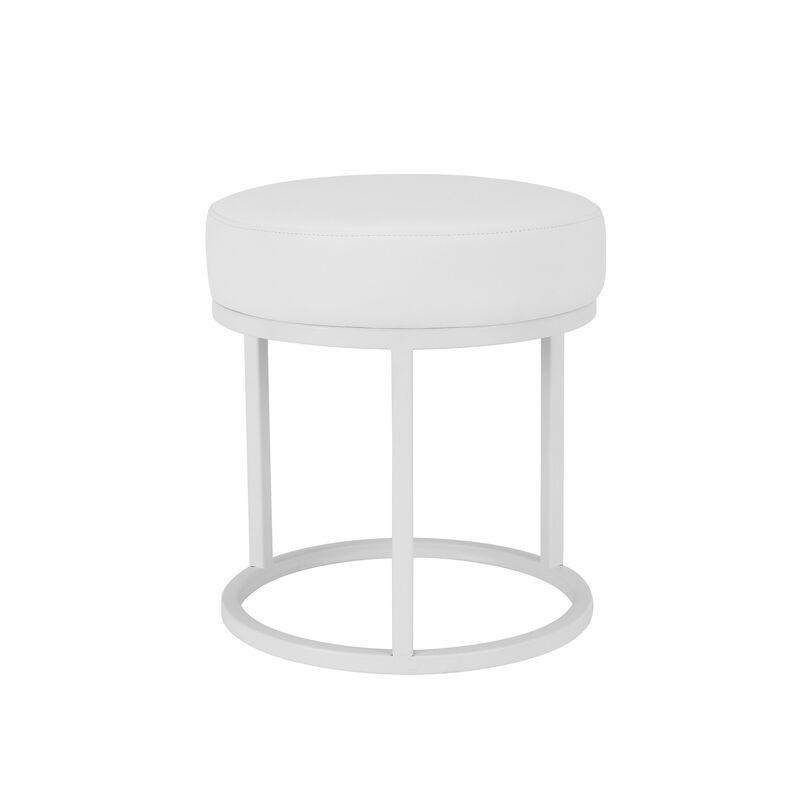 Tane 18 Inch Modern Accent Stool, Round Padded White Faux Leather Seat - Benzara