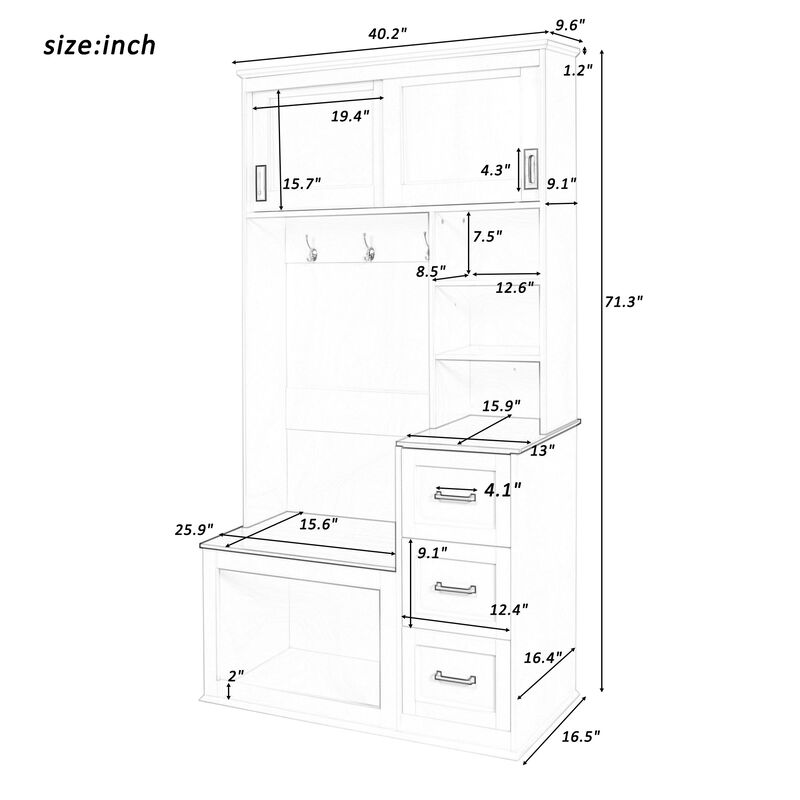Clihome Modern Entryway Bench with Coat Rack, 3 Shelves and Drawers, 3 Sturdy Hooks, 40.2'' Wide Hall Tree with Storage Bench for Hallway, Entryway, Living Room image number 6