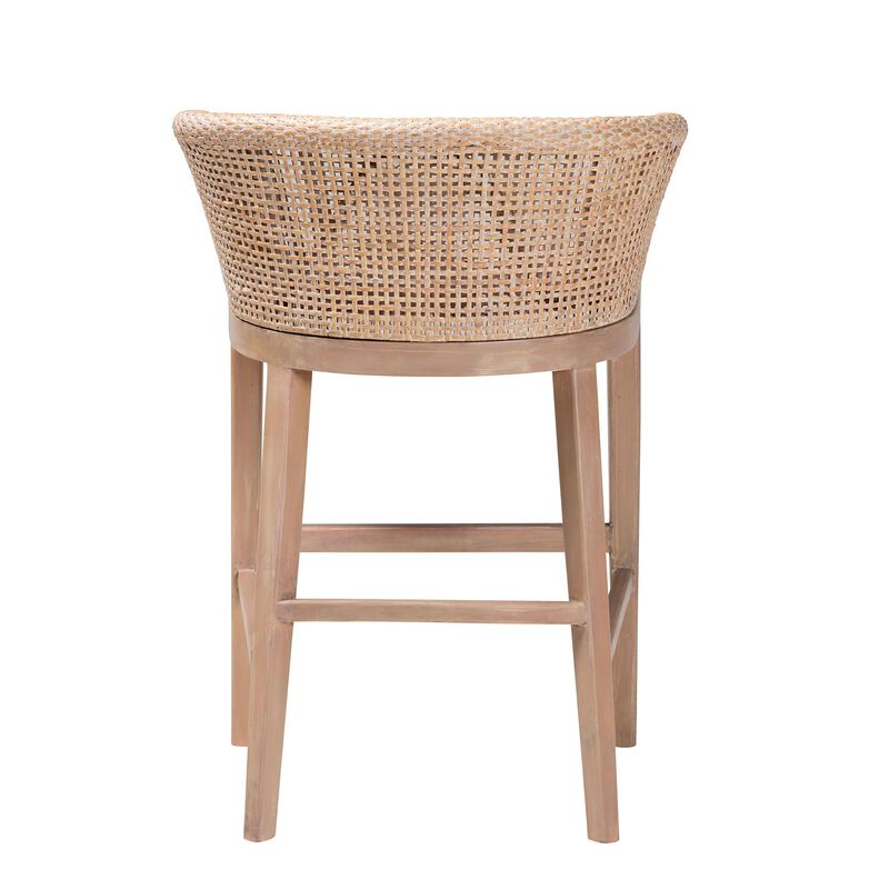 bali & pari Papua Modern Bohemian Antique White Washed Rattan and Mahogany Wood Counter Stool