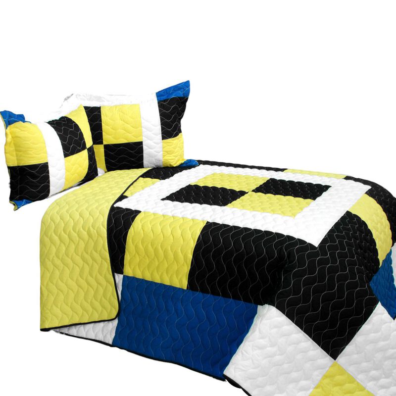 3PC Vermicelli-Quilted Patchwork Quilt Set Yellow Soft Lightweight Bedding image number 1
