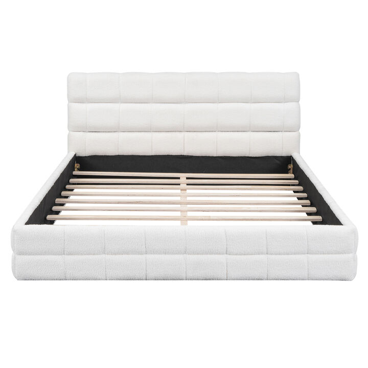 Whisen Queen Size Upholstered Platform Bed with Headboard, Solid Wood & MDF Frame, No Box Spring Required for Bedroom