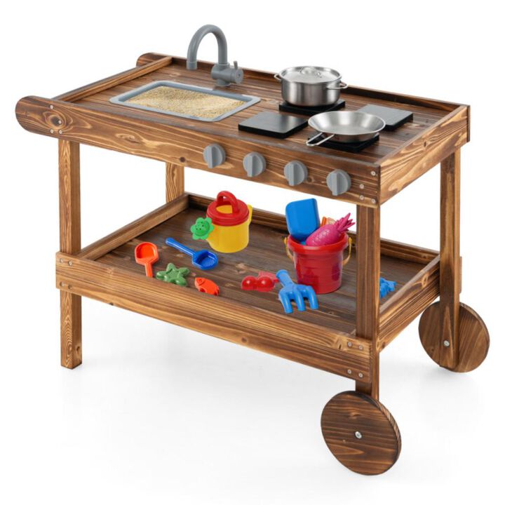 Hivvago Outdoor Movable Mud Kitchen with 2 Rolling Wheels and 1 Push Handle