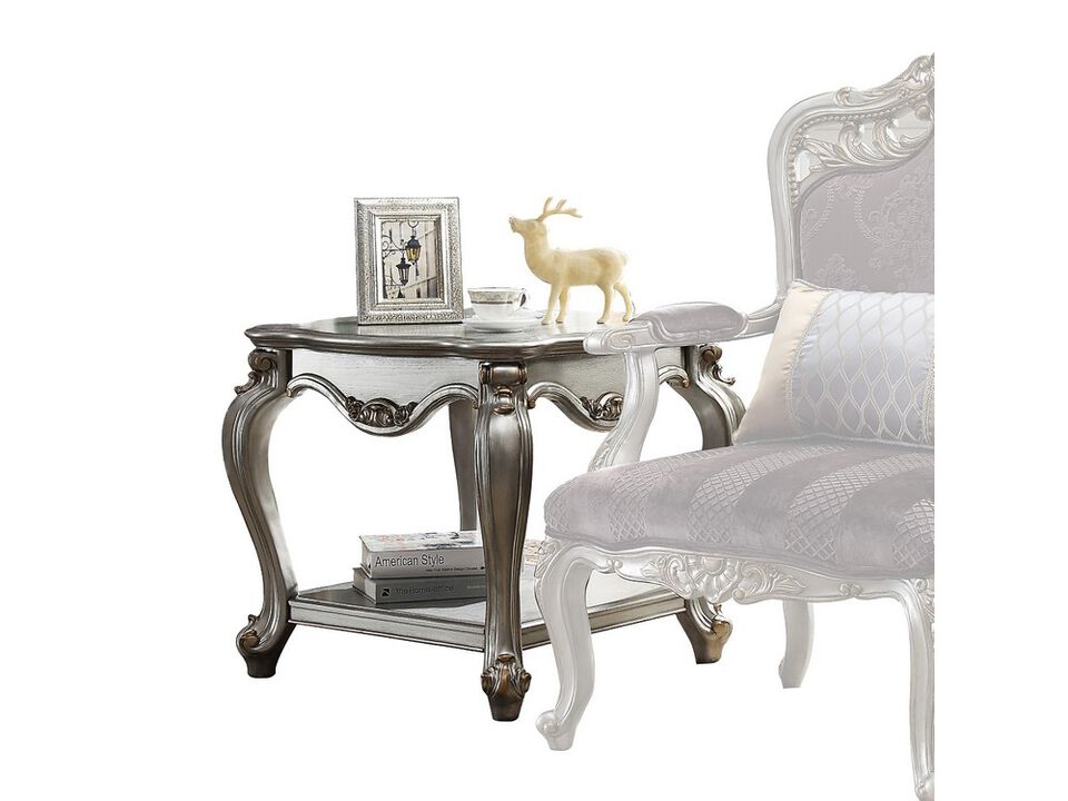 Square Shape Wooden End Table with Polyresin Carvings and Bottom Shelf, Silver - Benzara