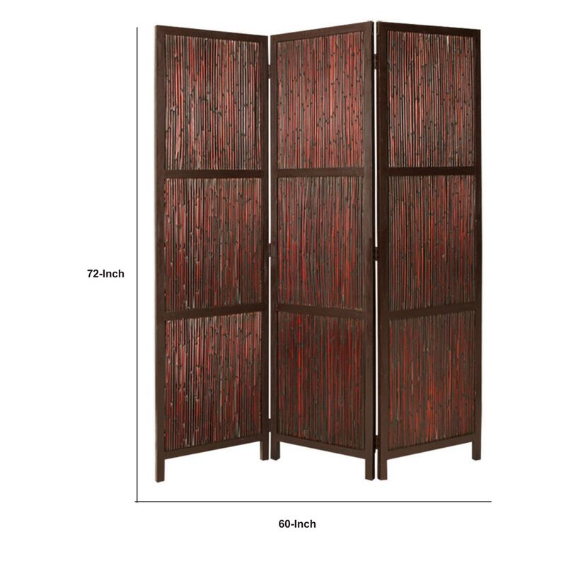 72 Inch 3 Panel Privacy Screen, Hardwood Frame, Bamboo Strips, Brown, Red-Benzara