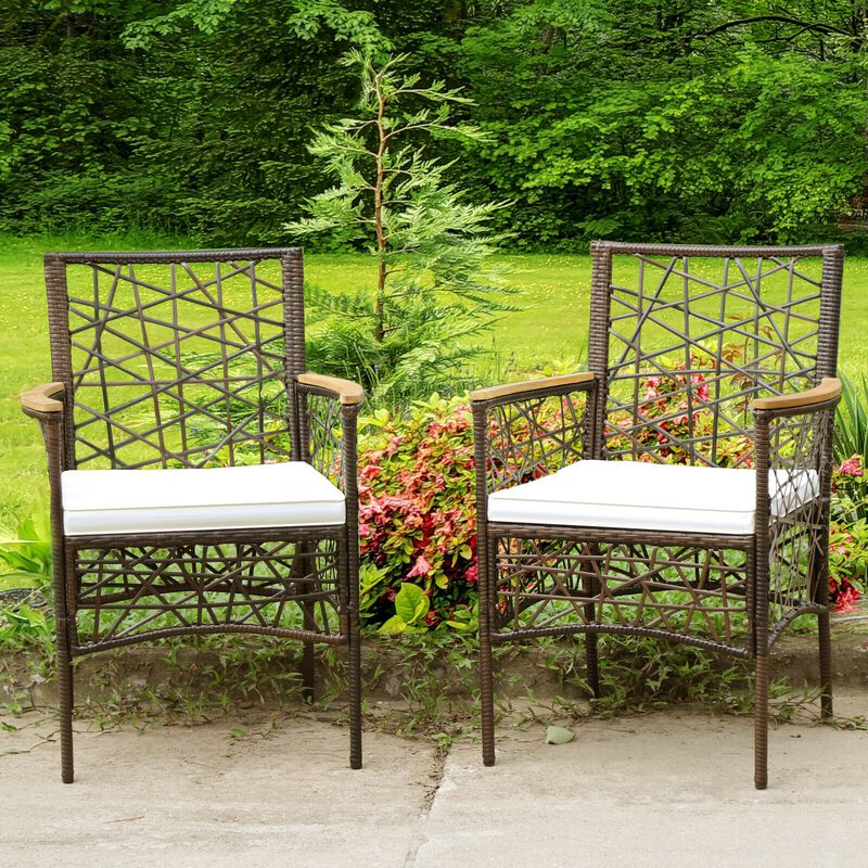 2 Pieces PE Wicker Patio Bistro Dining Chairs with Acacia Wood Armrests and Cushions