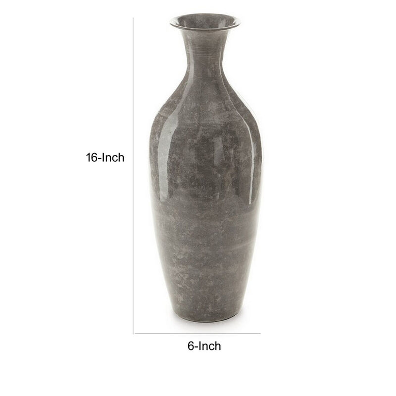 Rock 16 Inch Vintage Flower Vase, Home Decor, Antique Gray Metal Finish - Benzara