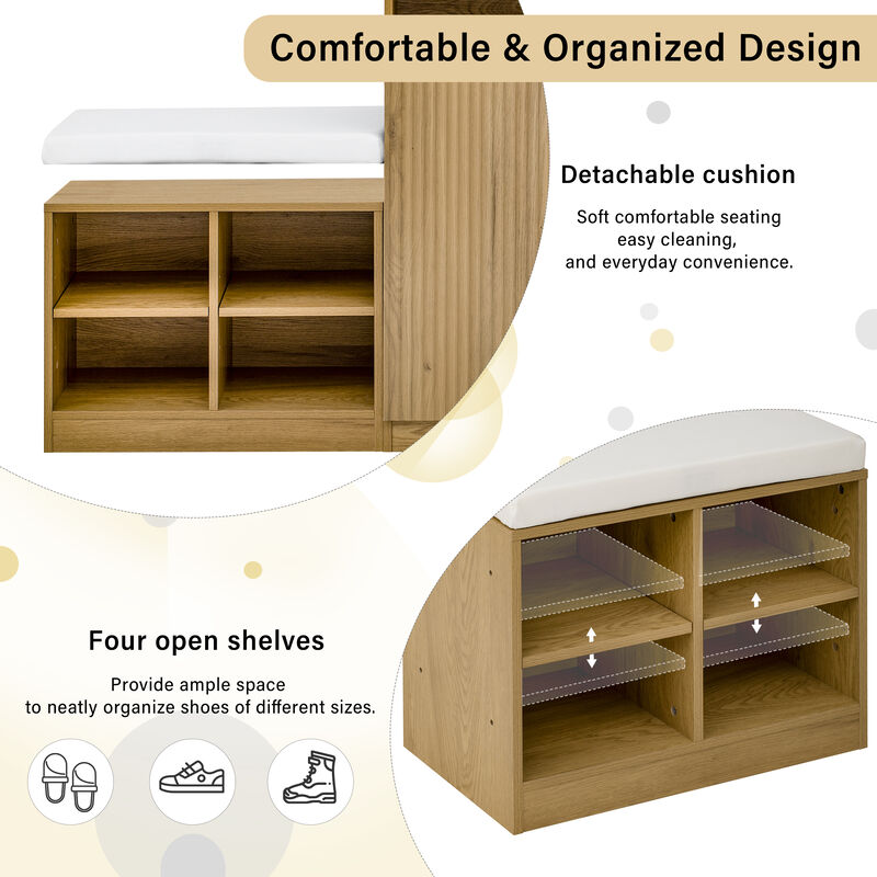 Shoe Bench, 2 Doors and 3-Tier Adjustable Shelves image number 3